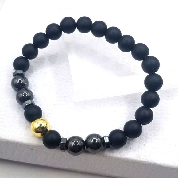 Anti swelling black obsidian stretch stone bracelet. - Picture 3 of 9